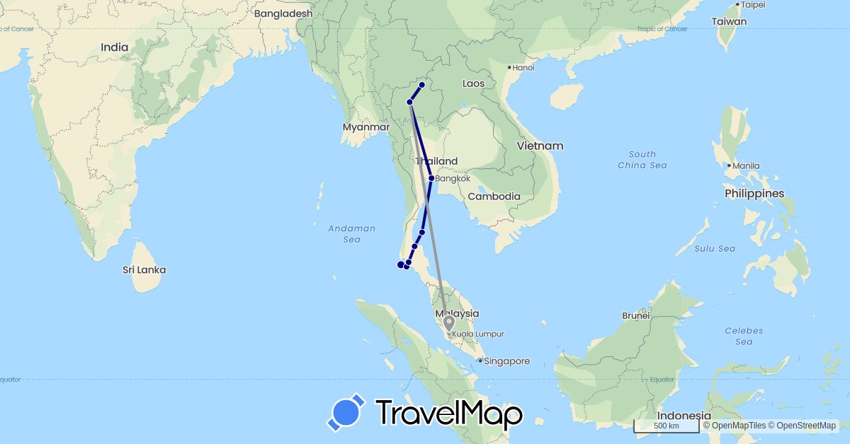 TravelMap itinerary: driving, plane in Malaysia, Thailand (Asia)