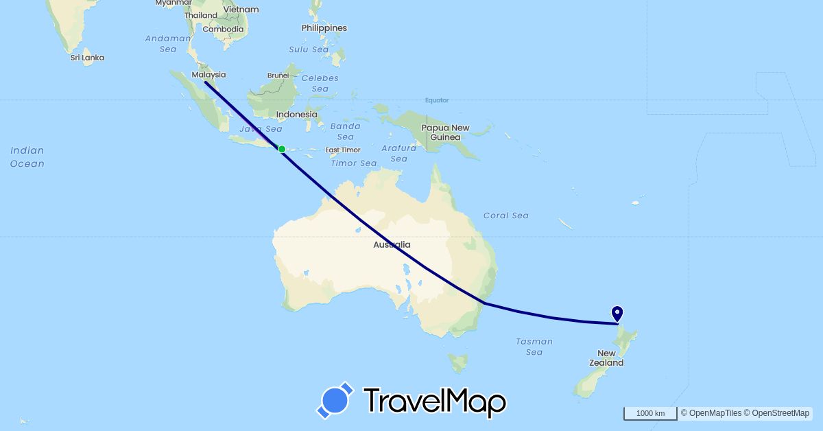 TravelMap itinerary: driving, bus, train in Australia, Indonesia, Malaysia, New Zealand (Asia, Oceania)